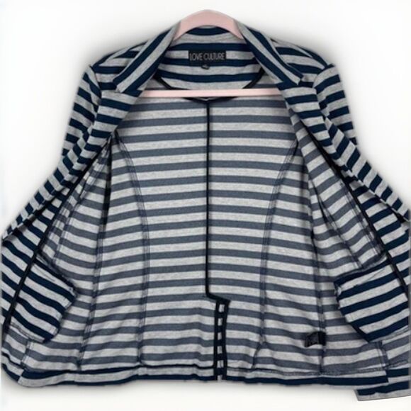 Knit Blazer Womens SZ LG Blue Stripes Gray Lightweight Preppy Trendy College - Picture 6 of 11